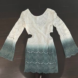 Crochet lace ombre side cut out long sleeve mini dress